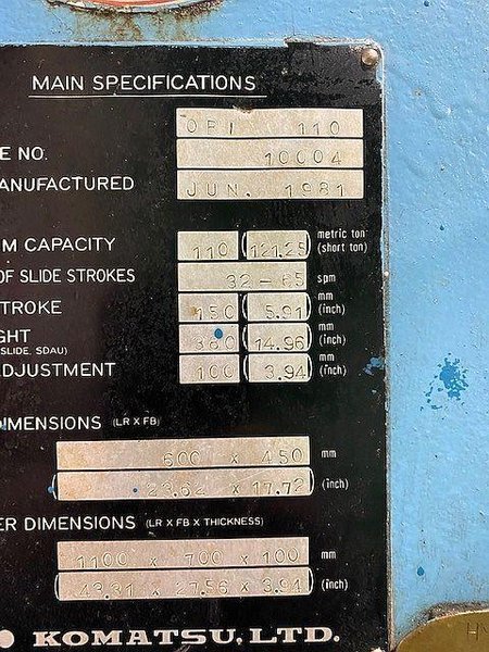 110 ton Komatsu OBS Used Single Crank Gap Frame Mechanical Metal Stamping Press For Sale, Can be seen under power!