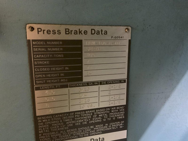100 TON X 10' NIAGARA HBM-100-8-10 HYDRAULIC PRESS BRAKE: STOCK #80813