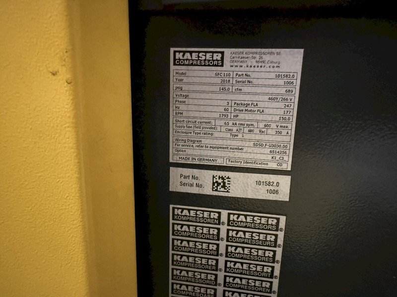 2018 Kaeser model SFC-110 sigma air cooled air compressor s/n 1006, 150 hp, 689 cfm, 62,875 run hours, 60460 load hours