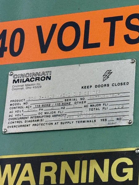 CINCINNATI MILACRON MODEL 20V 3-AXIS MACHINING CENTER. STOCK # 1000625.