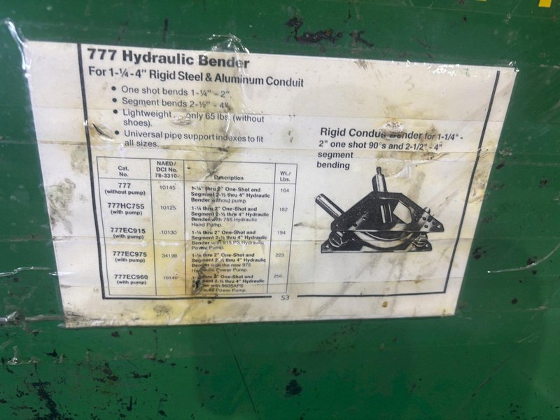 1.25&quot; TO 4&quot; GREENLEE MODEL #777 PORTABLE HYDRAULIC TUBE &amp; PIPE BENDER: STOCK #21222