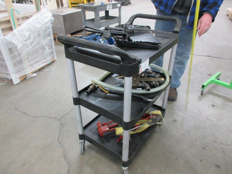 Rubbermaid Shop Cart, 3 Shelves with Dust Pans, Plumbing Fittings and More- Auction Item