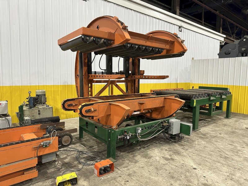 SWEED LOAD CLAMP &amp; TURNER / PACMAN FLIPPER SYSTEM WITH POWERED INFEED &amp; OUTFEED CONVEYORS: STOCK #22075