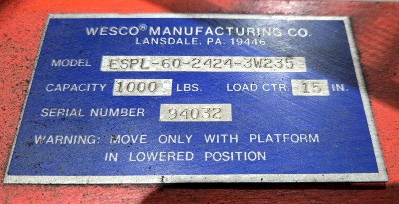 WESCO ESPL-60-2424-3W235 1000LB PNEUMATIC LIFT USED