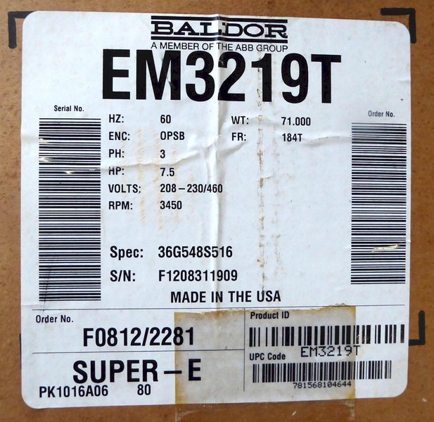 7-1/2 HP Baldor Motor, 184T, 3450 RPM, 3 Phase, New In Box