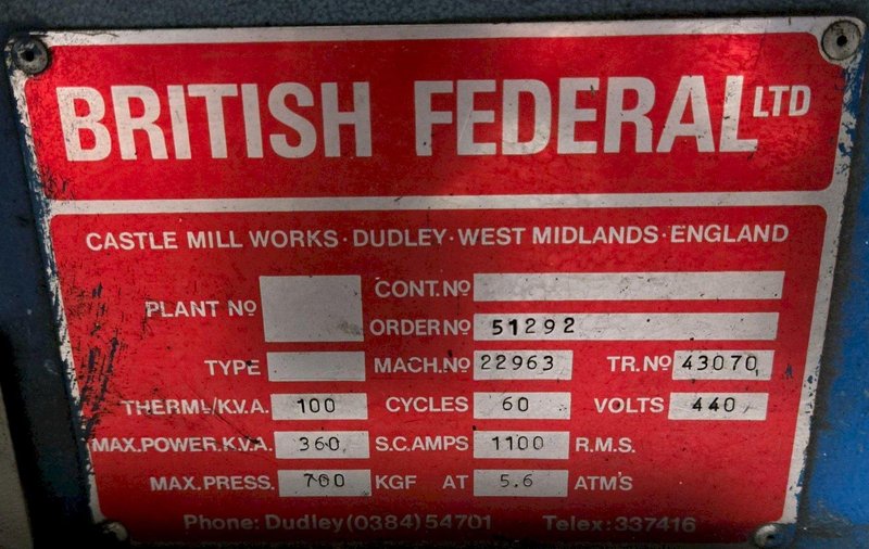 BRITISH FEDERAL 360 KVA SPOT WELDER 100 THERMAL KVA 440 VOLT USED