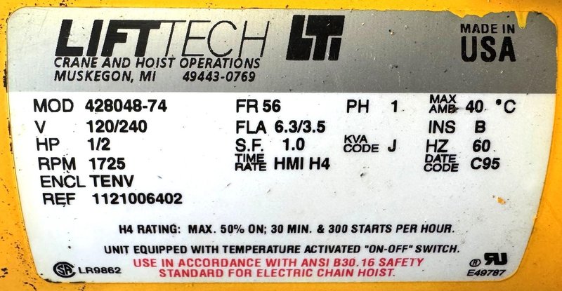 1/2 Ton Budgit Electric Chain Hoist, 16 FPM, Trolley, 1 Phase