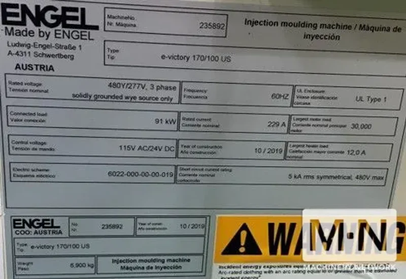 110 TON 2.7  OZ ENGEL MODEL E-VICTORY 170/100 ELECTRIC INJECTION MOLDING MACHINE MFG 2019  LOW HOURS
