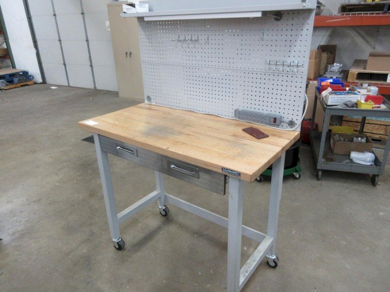 Portable Work Bench with Maple Top, Upper Shelf, Drawer, Work light- Auction Item