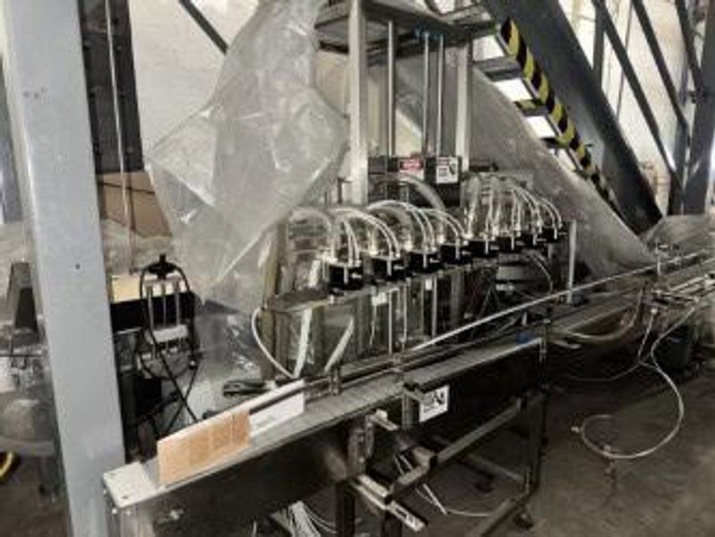 Accutek Automatic Pressure Overflow Liquid Filling Line, 2020 – 4-Head Filler, Conveyor &amp; (2) 48″ Turntables, FR-900 Continuous Band Sealing Machine