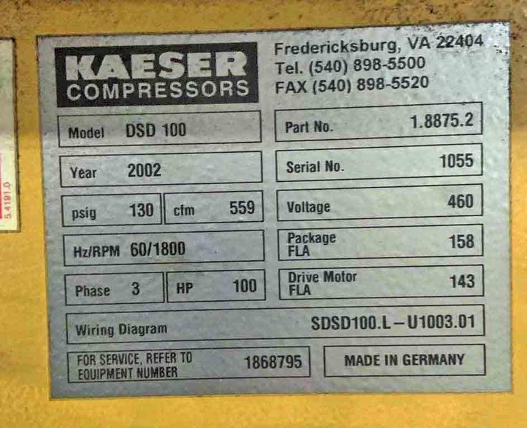 100 HP Air Compressor, Kaeser  STOCK # 3747