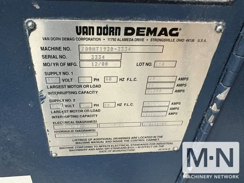 300 TON 40.3 OZ VAN DORN MODEL 300HT-1920 INJECTION MOLDING MACHINE MFG NEW 2000