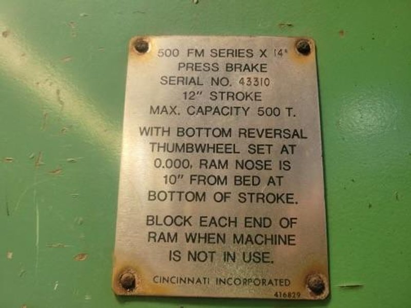500 TON X  16' CINCINNATI MODEL FM FORMASTER  HYDRAULIC PRESS BRAKE, 12" STROKE: STOCK #18828