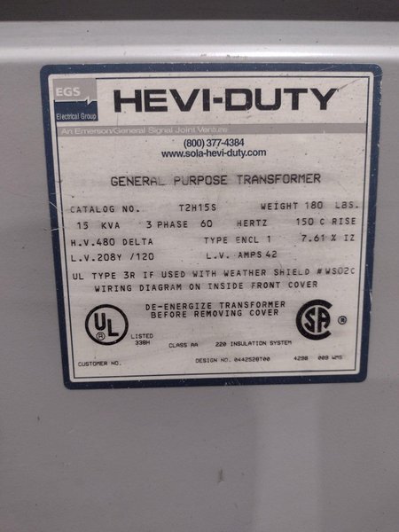 15 KVA SOLA 480 DELTA TO 208Y/120 VOLT ELECTRICAL TRANSFORMER: STOCK 19620