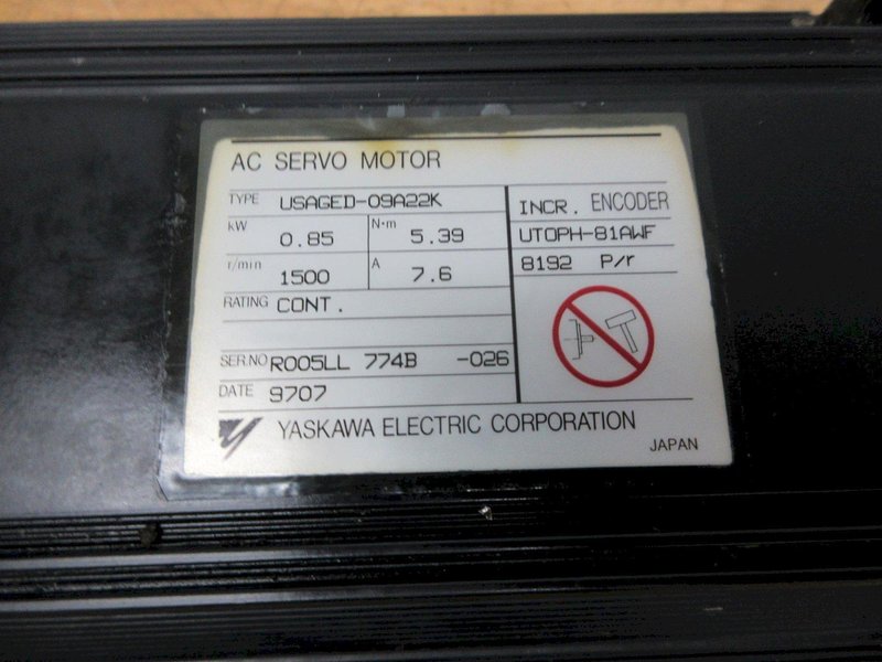 Used Haas Servo Axis Motor Sigma 1- 09 (Long) Part #93-62-0013 (Yaskawa Model USAGED-09A22K), With Coupling