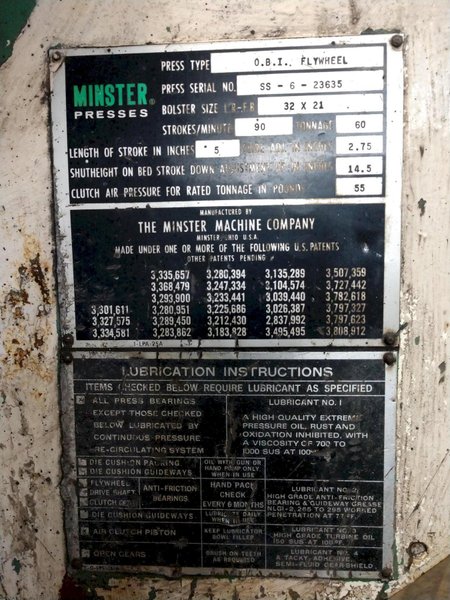 60 TON MINSTER MODEL #6 OBI FLYWHEEL PRESS, 5" STROKE: STOCK #12578