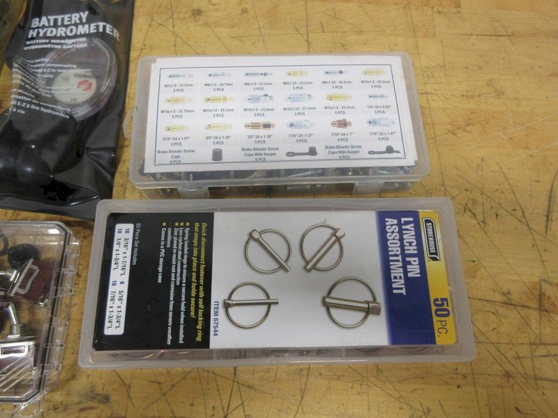Assorted Hardware Sets, Cotter Pins, Brake Fittings, Lynch Pins, Battery Hydrometer, On/Off Switches- Auction Item
