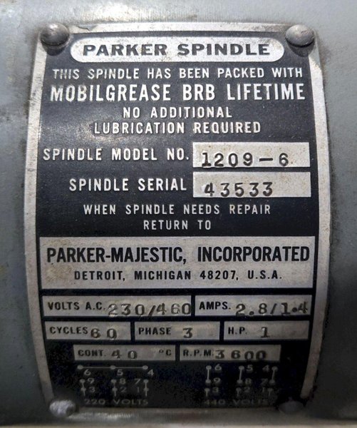 PARKER MAJESTIC MODEL SURFACE GRINDER 230/460 MOTOR SPINDLE 1209-6 USED