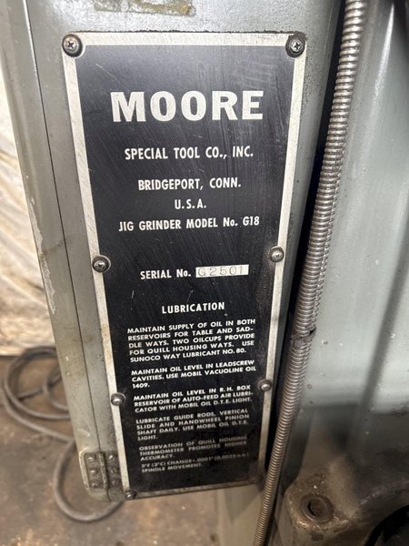 MOORE NO. G18 JIG GRINDER W/ CABINET OF TO0LING. STOCK # 0774725