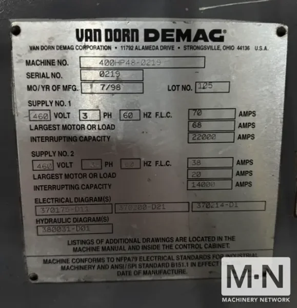 400 TON 48 OZ VAN DORN MODEL 400HP48 INJECTION MOLDING MACHINE MFG 1998