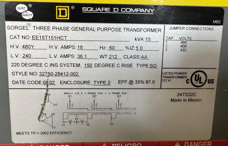 15 KVA Square D Transformer Cat. No. EE15T151HCT, HV 480, LV 240, 3 Phase