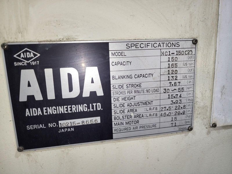 150 Ton AIDA NC1-150(2) Gap Press For Sale, Year 2000