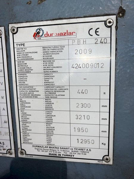 6" X 6" X 3/4" DURMA MODEL #PBH240 HYDRAULIC ANGLE BENDING ROLL, NEW 2009: STOCK #16892