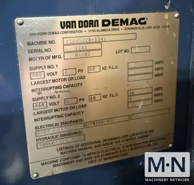 230 TON 14 OZ VAN DORN INJECTION MOLDING MACHINE MODEL 230HT MFG NEW IN 2001