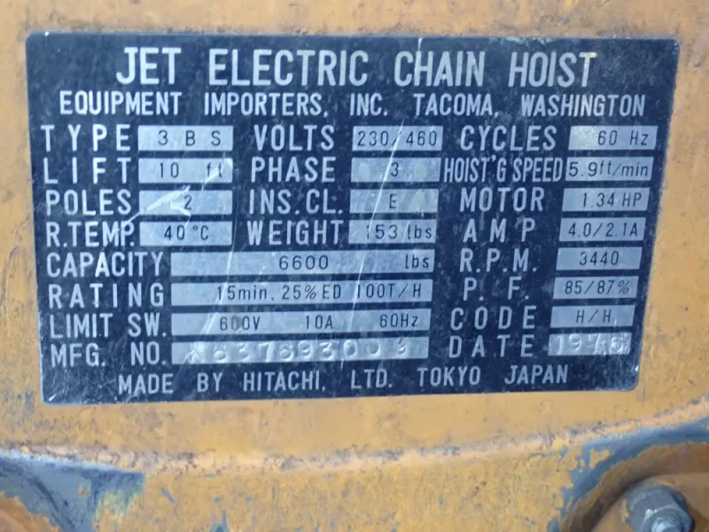 HITACHI LTD 3 TONS ELECTRIC CHAIN HOIST  -  3BS
