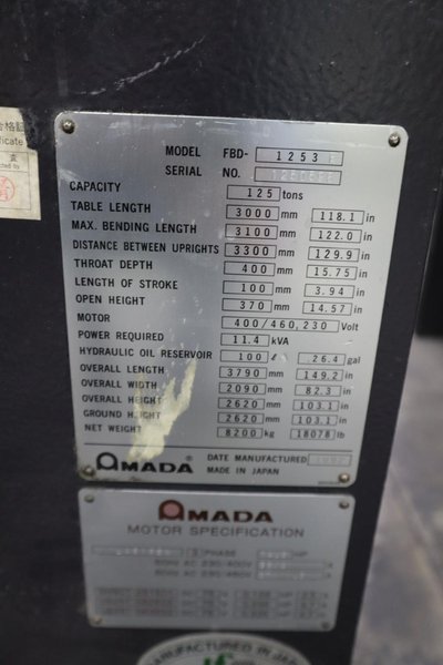 Amada FBD-1253E CNC Hydraulic Press Brake, 138 Ton x 122", Up-Acting, NC9-EXII Controls, Light Curtains- Auction Item