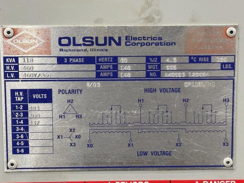 118 KVA 3 PHASE OLSUN TRANSFORMER 460 V TO 460Y/266: STOCK #22706
