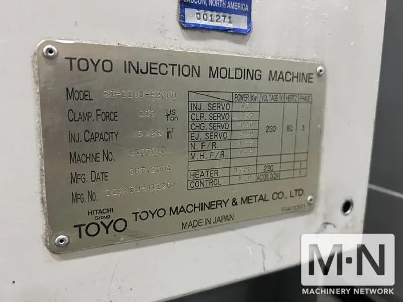 110 TON 3.8 OZ TOYO MODEL SI110III-E200U ELECTRTIC INJECTION MOLDING MACHINE MFG 2004