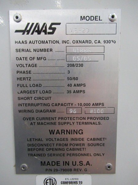 Haas VF-2 CNC Vertical Machining Center with 15,000 RPM CT-40 Spindle, High Speed Machining, Side Mount Tool Changer, 4th Axis Ready, Macros, and Chip Auger.