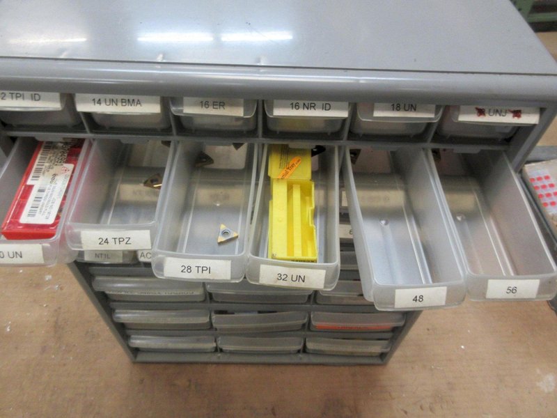 Carbide Lathe Turning Inserts, Many New, Lots of Types in Plastic Multi Bin Organizer- Auction Item