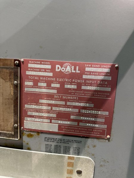 Doall model 3613-10 36" vertical band saw s/n 381-78206 with blade welder and grinder