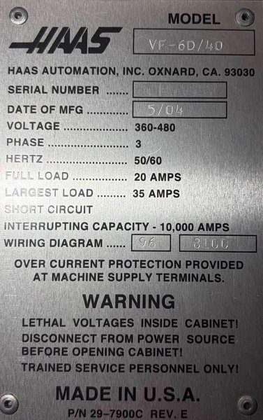 Haas VF-6D/40 CNC Vertical Machining Center – 15,000 RPM, 4th &amp; 5th Axis Ready Mill