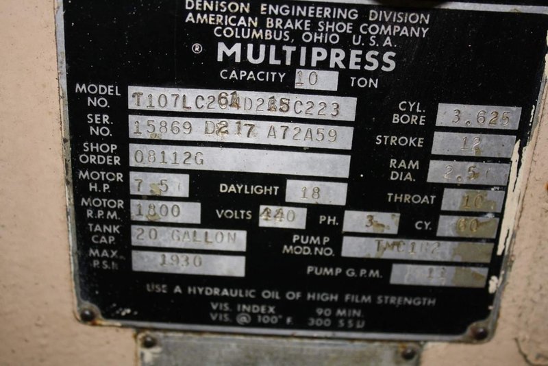 10 TON DENISON HYDRAULIC PRESS: STOCK # 67091