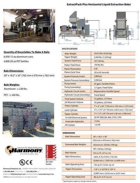 30" X 30" HARMONY ENTERPRISES EXTRACT PLUS HORIZONTAL BALER &amp; PERFERATOR, FOR CAN &amp; BOTTLES LIQUID EXTRACTION: YOBRO #25023