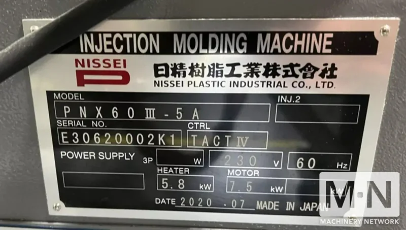 72 TON 1.9 OZ NISSEI MODEL PNX60III-5A INJECTION MOLDING MACHINE MFG 2020