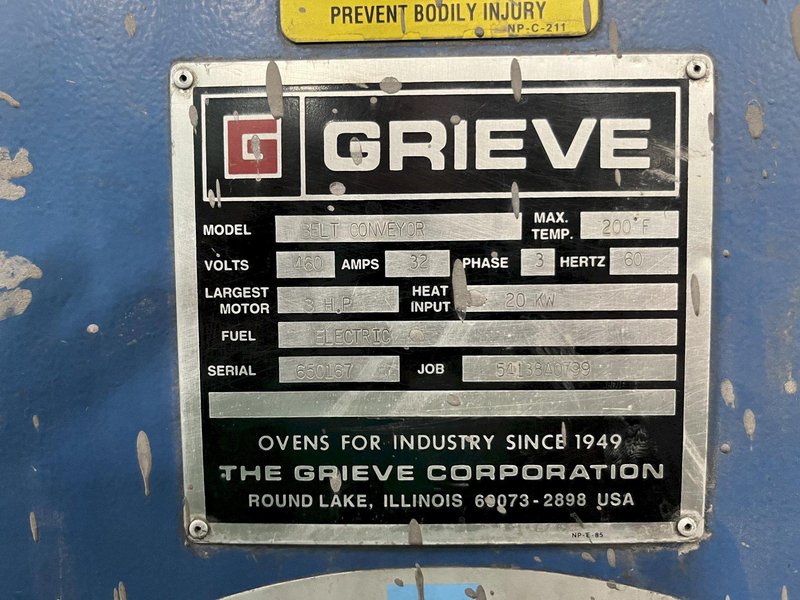 Grieve model belt conveyor core oven rated at 200 degree f, 460 volt, 20 kw, s/n 650167, 232" center belt, 15" tall opening, 24" belt, 1.16 ft/min.