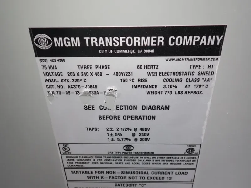 MGM 75 KVA TRANSFORMER  -  AC370-J0648