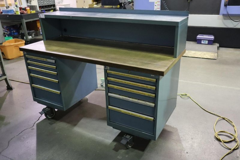 Lista Cabinet Base Work Bench, Maple Top, Portable on Caster, (10) Drawer, Upper Shelf - With Cutting Tool Contents- Auction Item