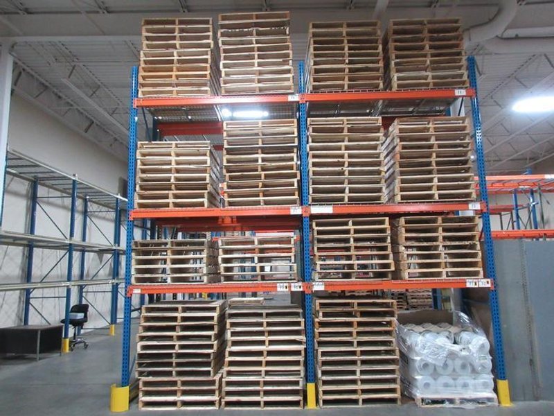 Pallet Racking Back to Back,  Teardrop Style (8) 16'x42" Uprights, (12) 8' Shelves with Wire Decking, *No Contents*- Auction Item