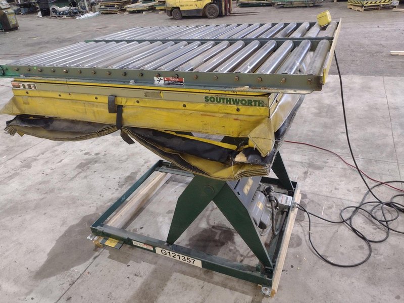 3,500 LBS X 48" X 48" SOUTHWORTH MODEL #LS4-36 HYDRAULIC SCISSOR LIFT TABLE WITH 60X48 ROLLER CONVEYOR TOP, 110 VOLT: STOCK #20924