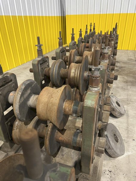 12 STAND X 3&quot; ARBOR X 20&quot; ROLLSPACE ASC RAFTED ROLLFORMER STANDS ON 3 BASES: STOCK #19936