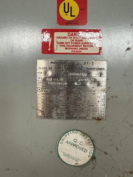 75 kVA WESTINGHOUSE TRANSFORMER. STOCK # 0672125