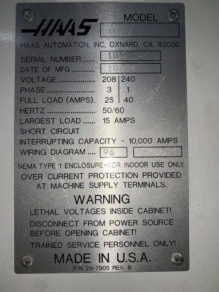 HAAS Model TM2 CNC Vertical Milling Machine, s/n 1053047.