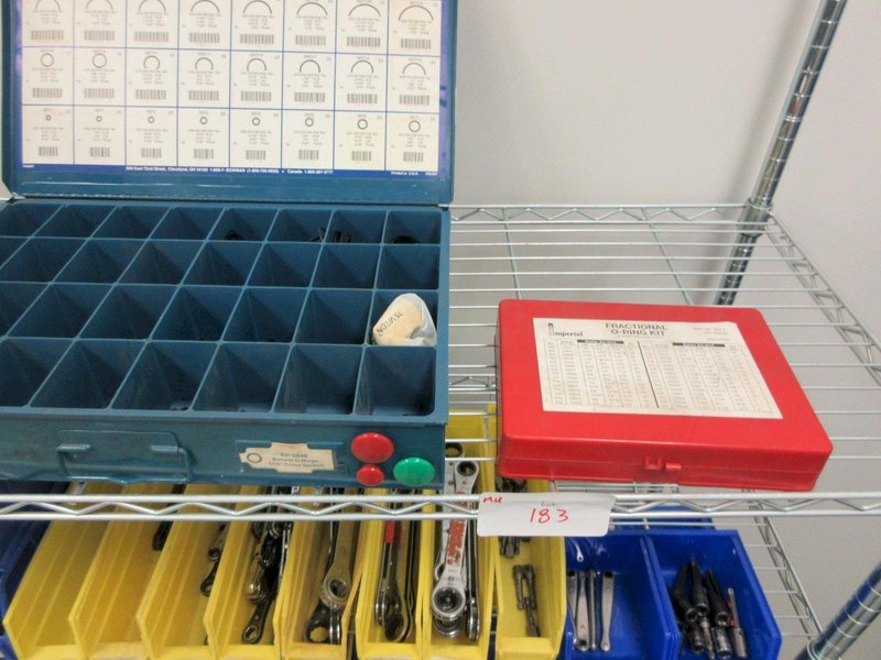 Hand Tools, Large Assortment including Socket Set, Rachet Wrenches, Clamp, Tap Wrenches, Drill Chucks, O-Ring Kit and MORE on 6-Shelf 48" x 18" x 78" Metal Wire Rolling Cart- Auction Item