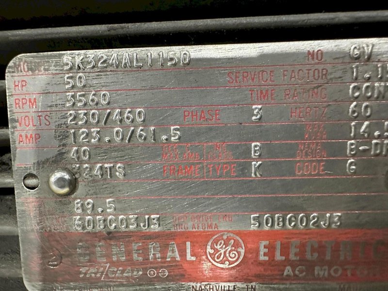 50 HP GENERAL ELECTRIC MODEL 5K324AL1150 3 PHASE AC ELECTRIC MOTOR, FRAME 324TS: STOCK #21795