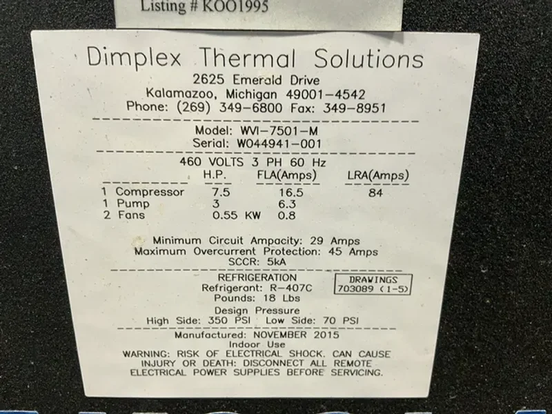 DIMPLEX THERMAL SOLUTIONS 7.5 HP KOOLANT KOOLERS CHILLER  -  WVI-7501-M